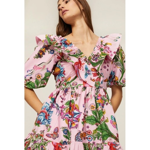 Banjanan Dress Women Large Pink Floral Scorpio Ruffle Puff Sleeve Cottagecore - Picture 5 of 12